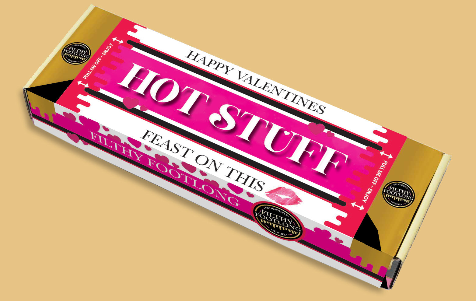 Chocolate bar packaging with 'Happy Valentines' and 'Hot Stuff' text on a beige background