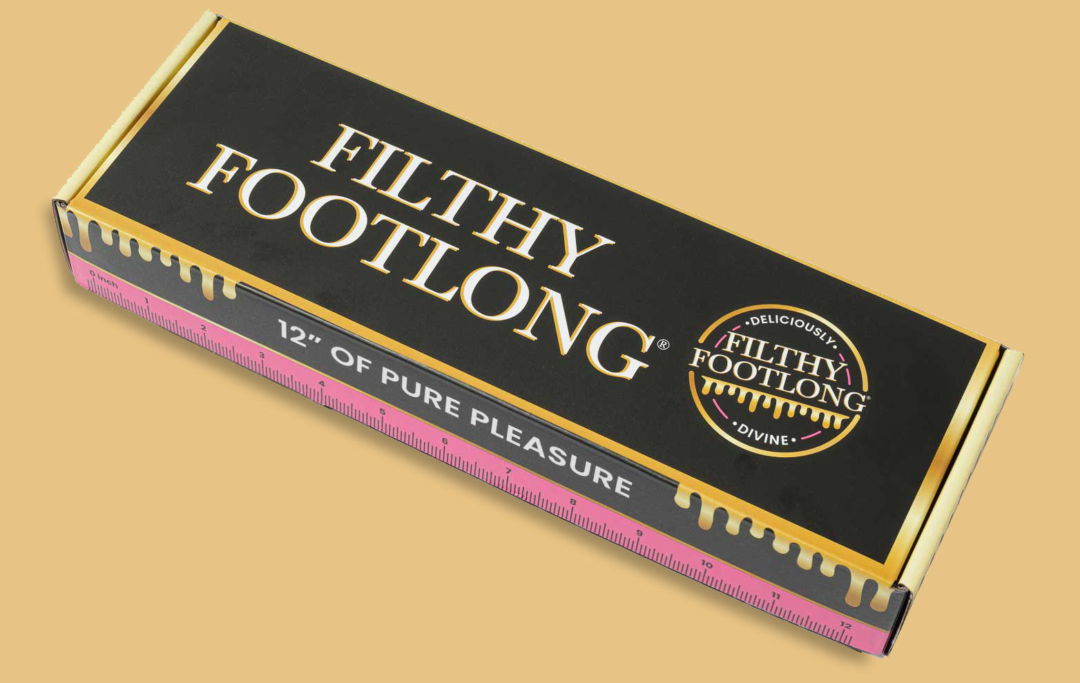 Box of 'Filthy Footlong' on a beige background
