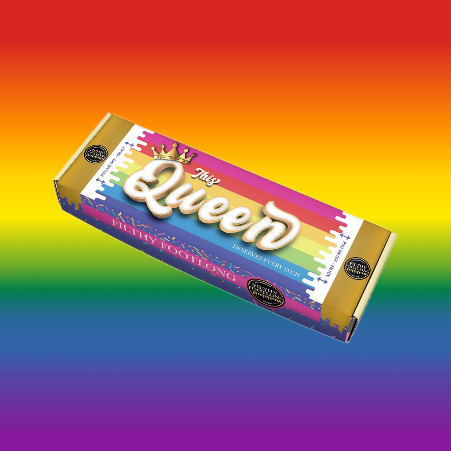 Pride Footlong brownie with inclusive Pride sleeve packaging